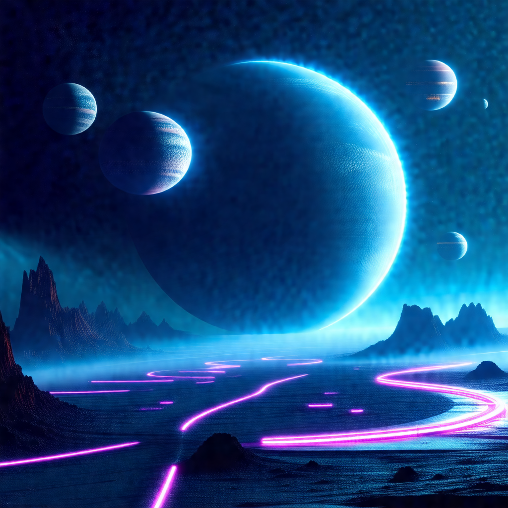 Futuristic scene with a large, glowing planet in the back...
