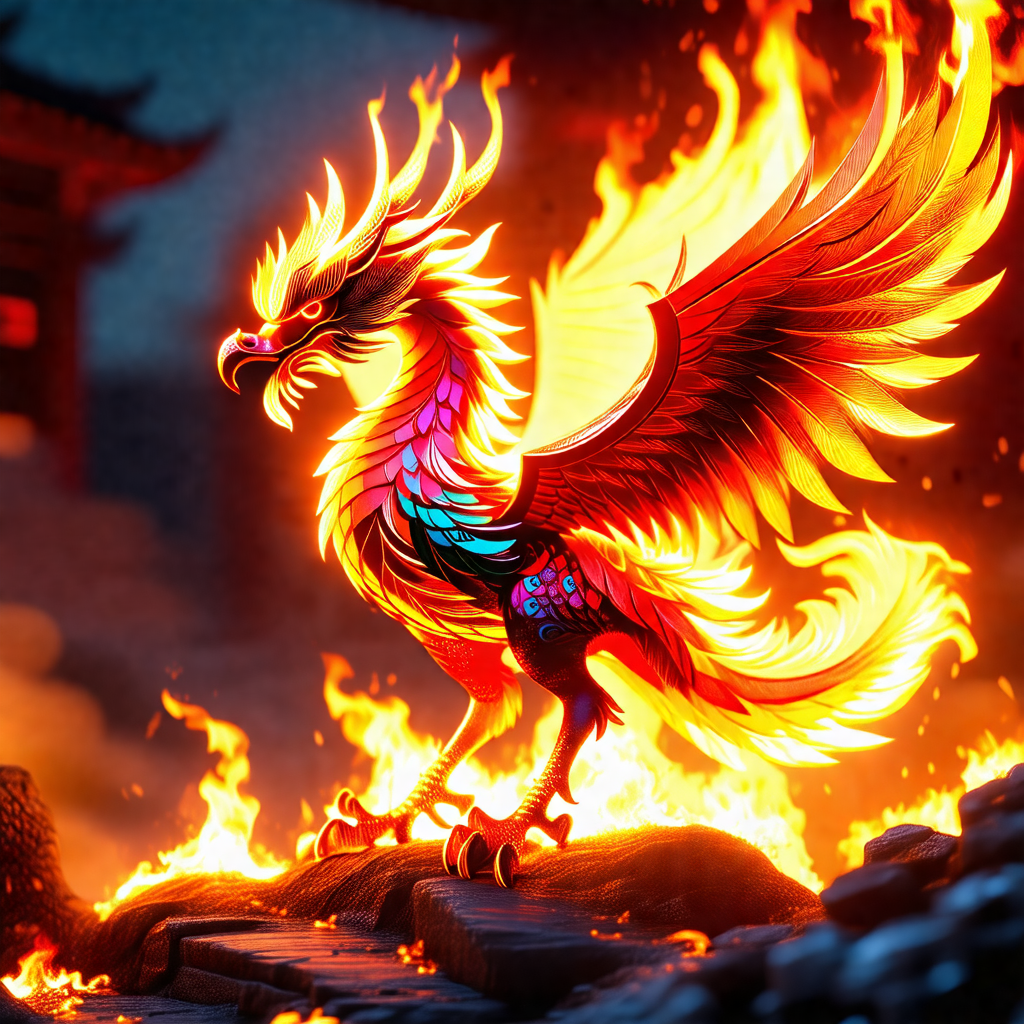 Vibrant, colorful dragon with a long tail and a fiery mane