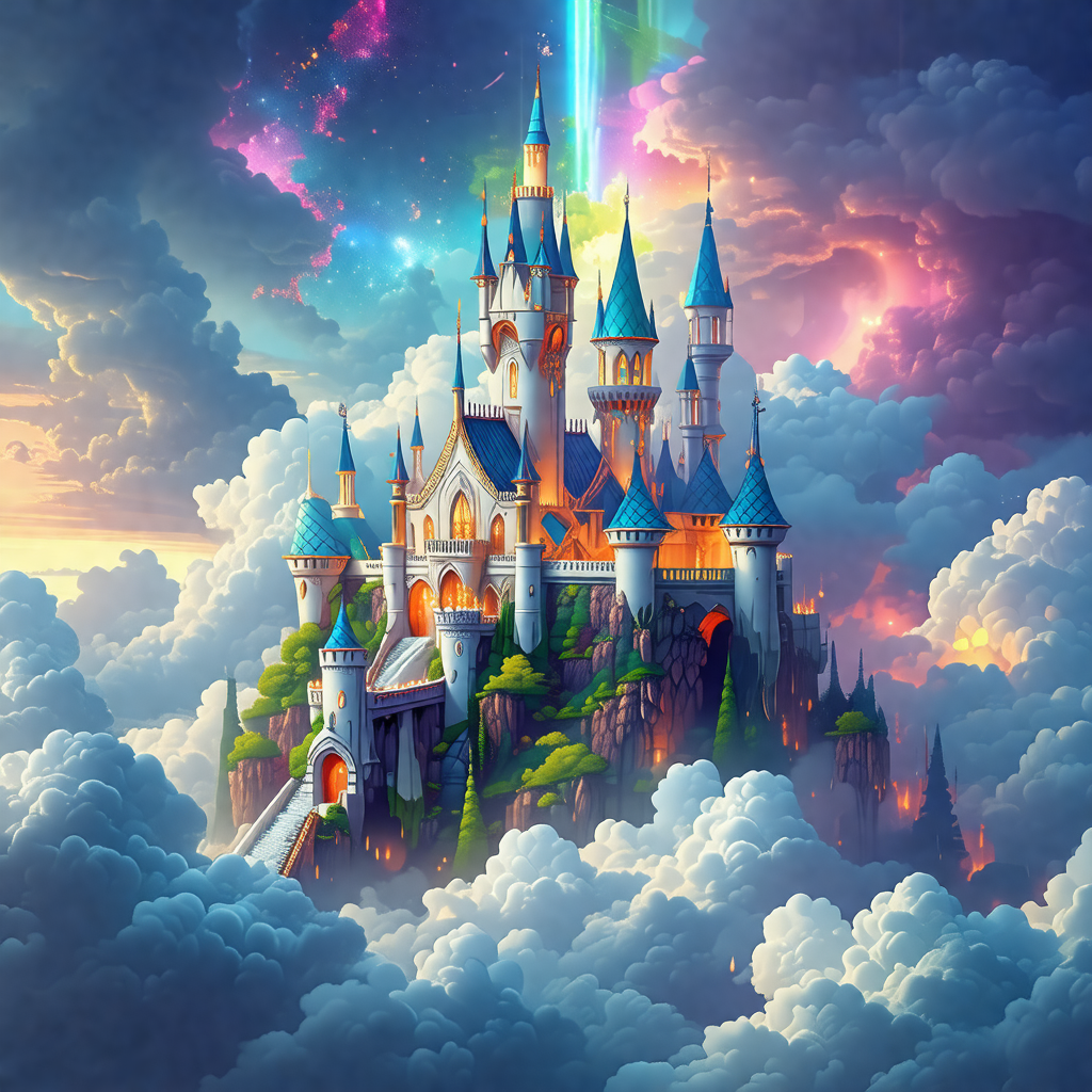 Colorful and detailed illustration of a majestic castle, ...