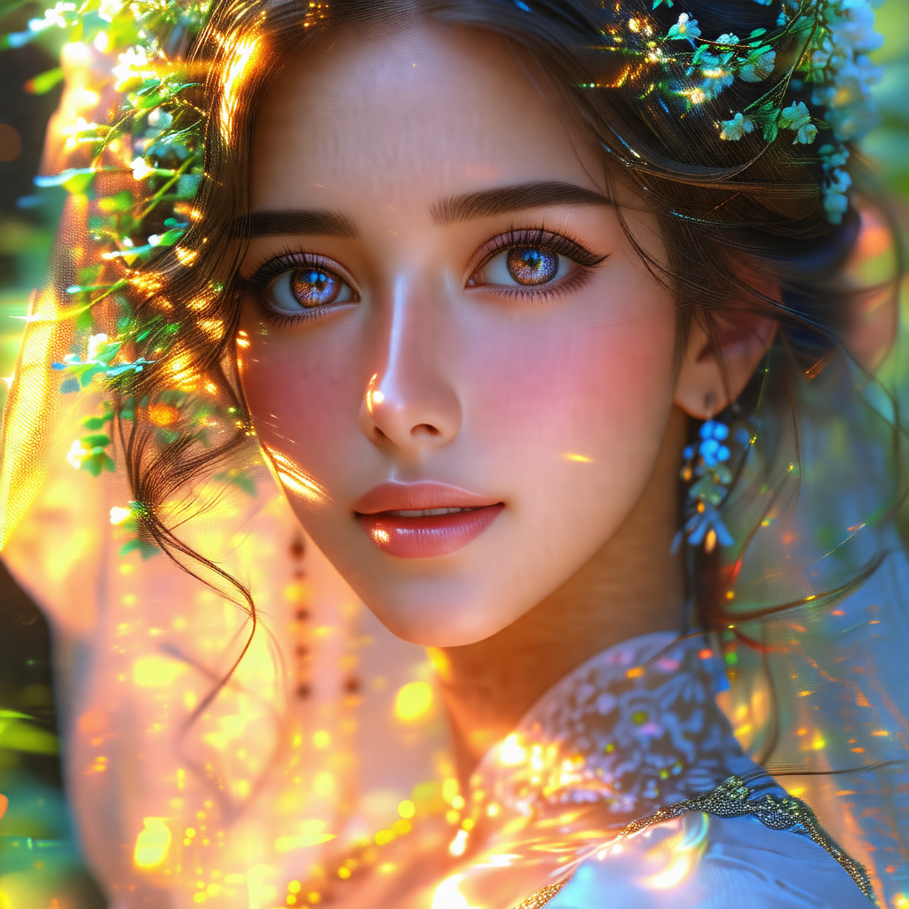 Beautiful woman with long hair, wearing a crown of flowers