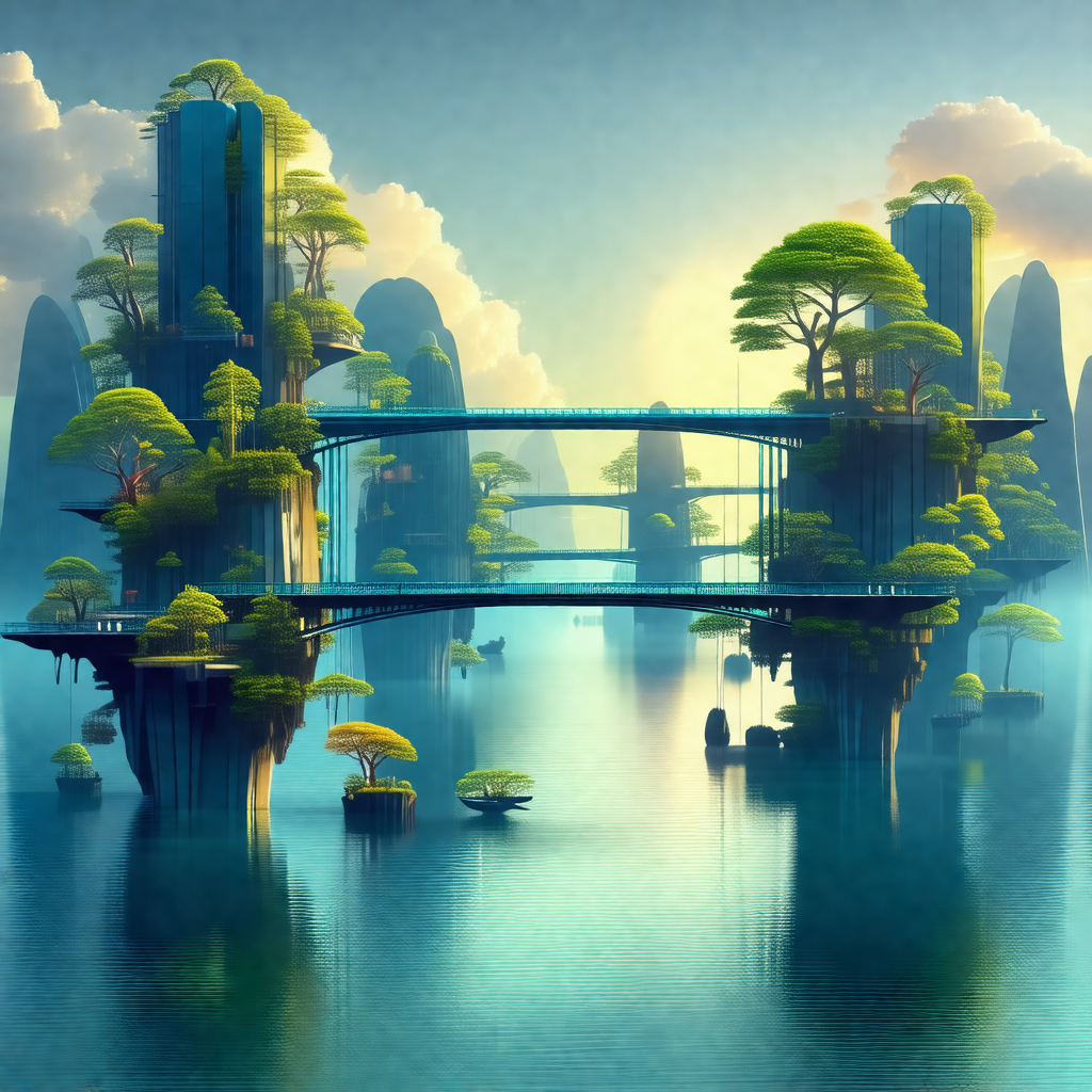 Digital painting of a futuristic city floating on water