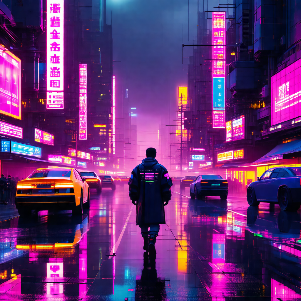 Man walking down a rain-soaked city street at night