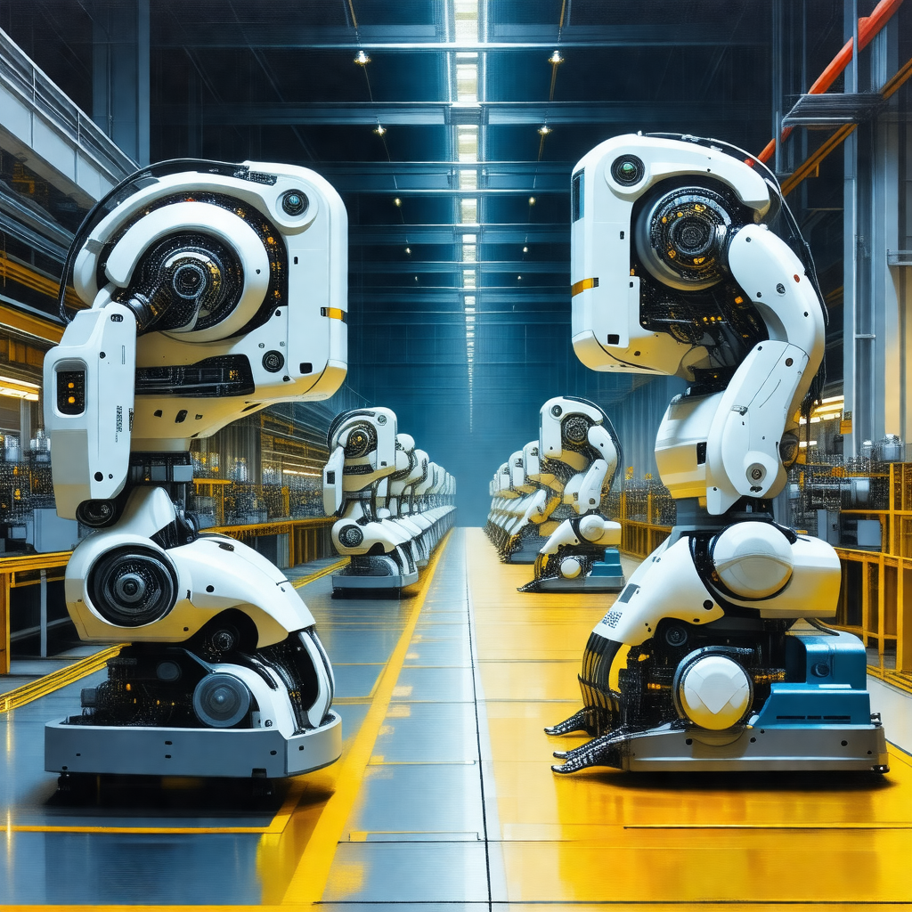Factory with a long row of white robots lined up on a yel...