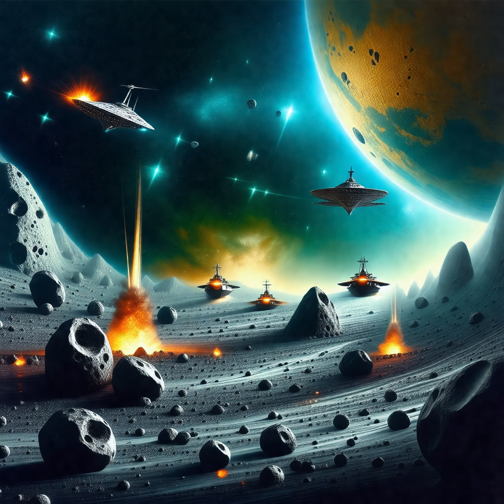 Futuristic scene with a group of spaceships flying throug...