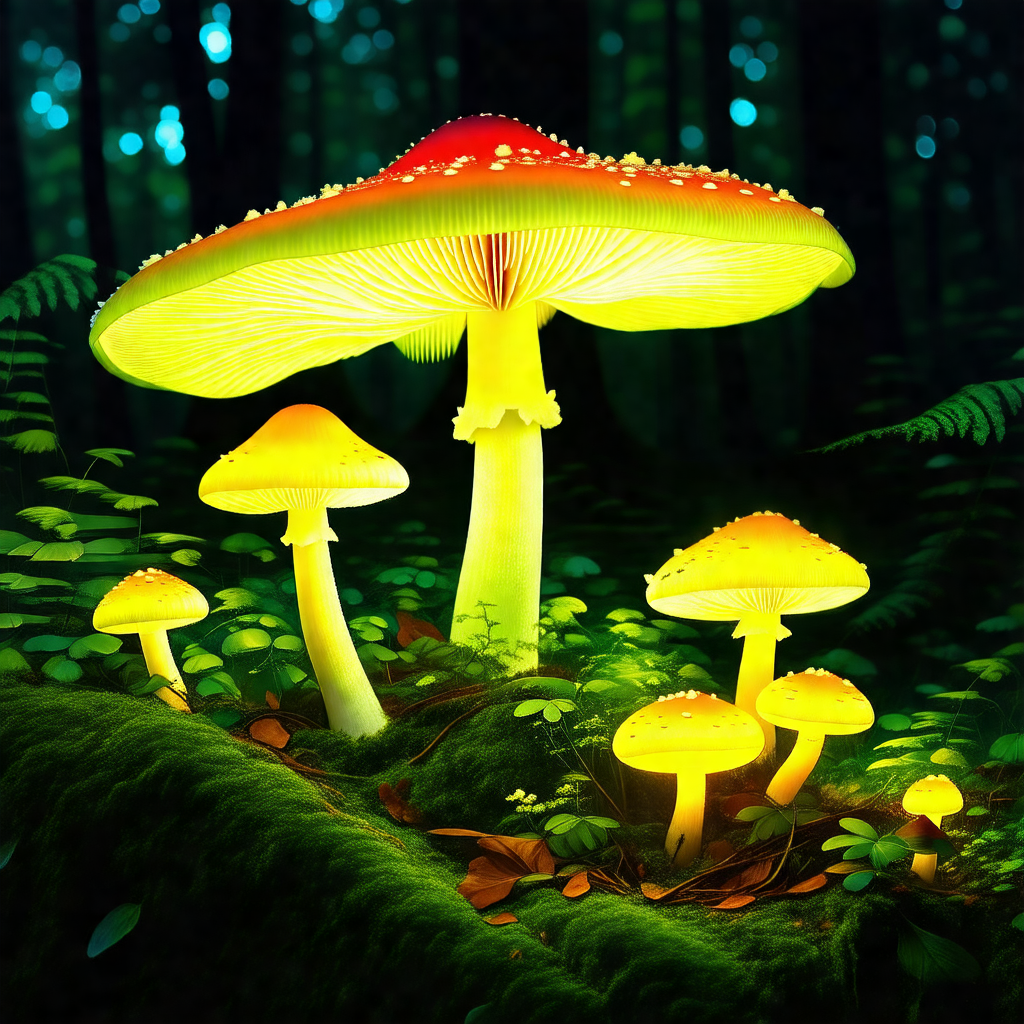 Group of four brightly lit mushrooms growing in a forest