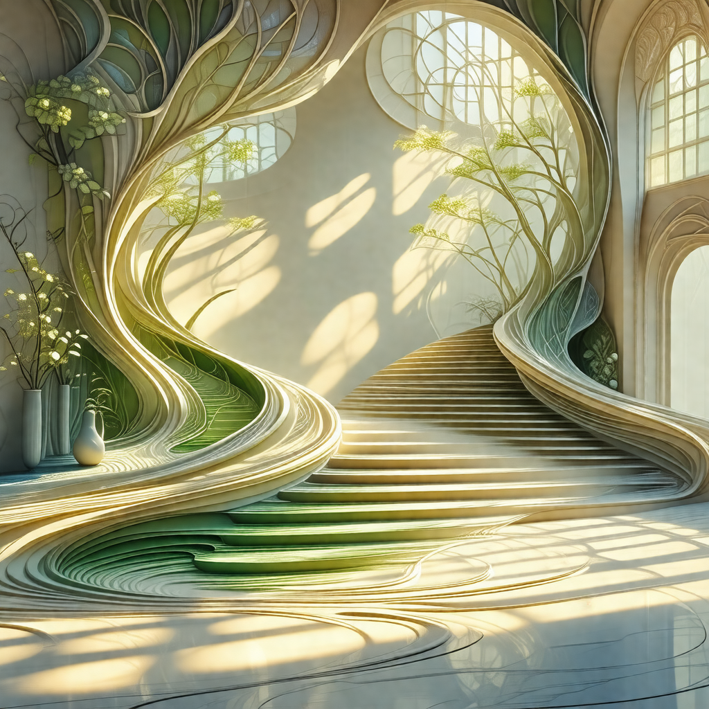 Painting of a staircase with a green tree in the middle o...