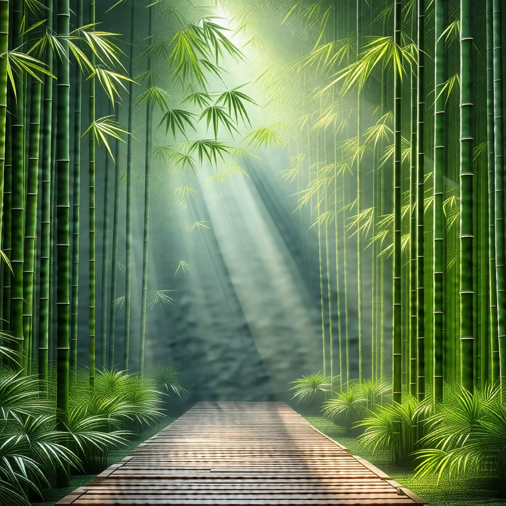 Wooden pathway surrounded by lush green bamboo trees