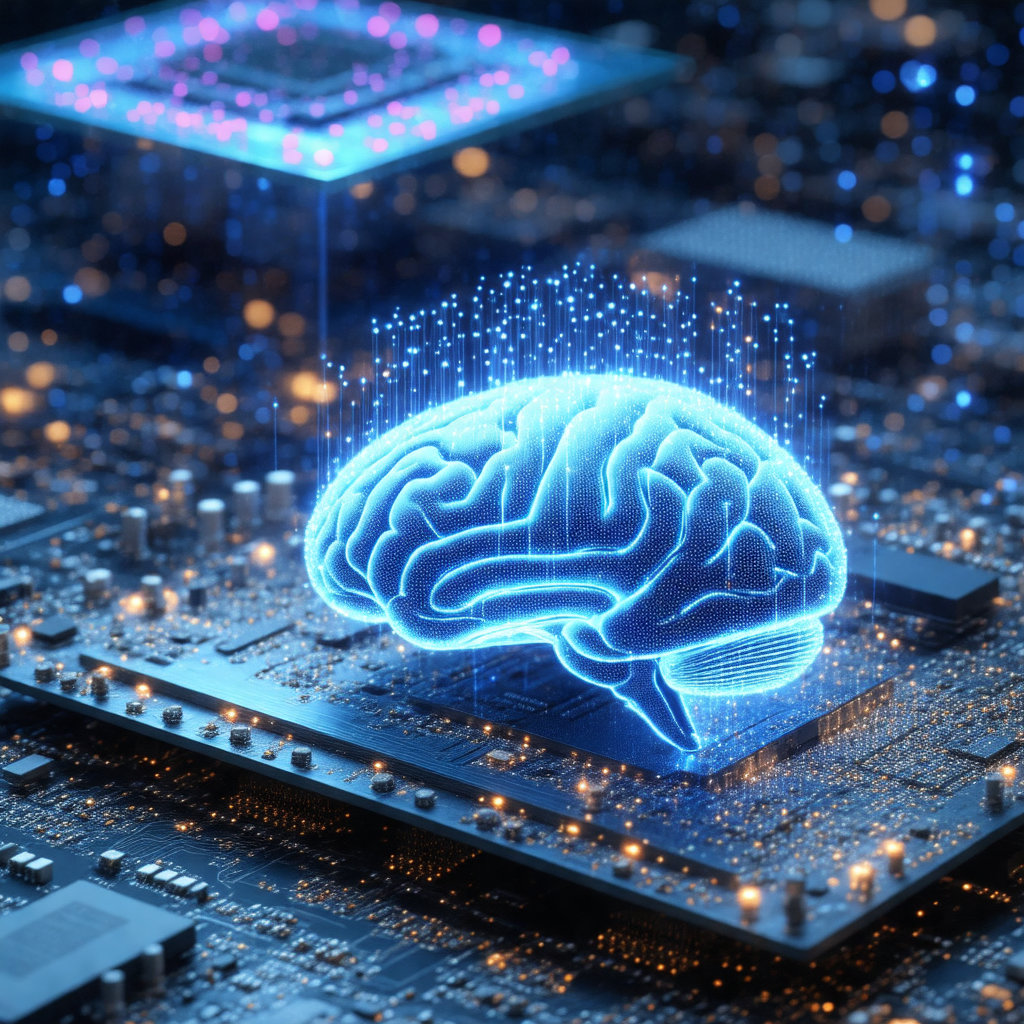 Close-up of a computer circuit board with a blue light il...