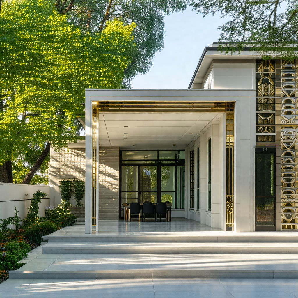 Large, white, and modern house with a large glass door