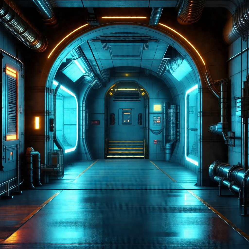 Blue-toned, futuristic scene of a large, dark room with a...