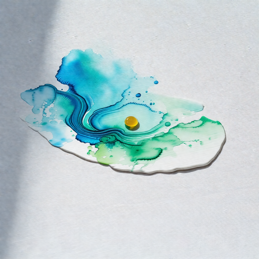 White table with a blue and green watercolor painting on it