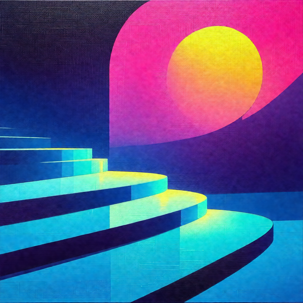Staircase with a brightly colored, rainbow-like background