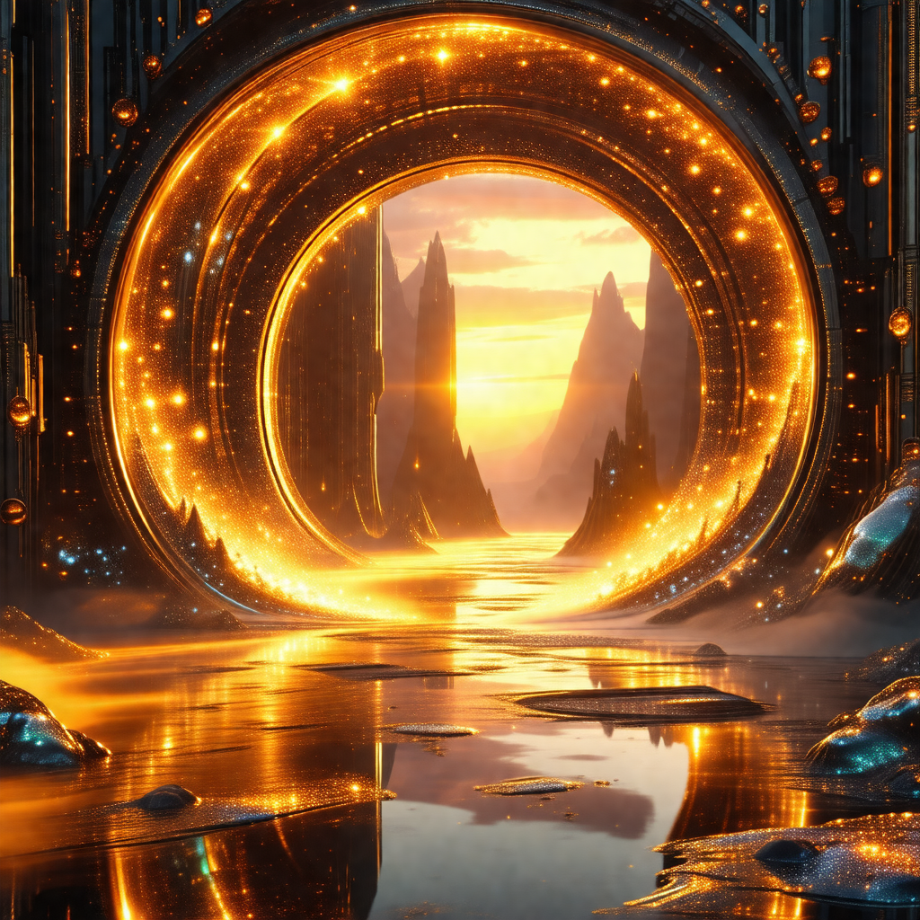 Futuristic city with a large, illuminated entrance