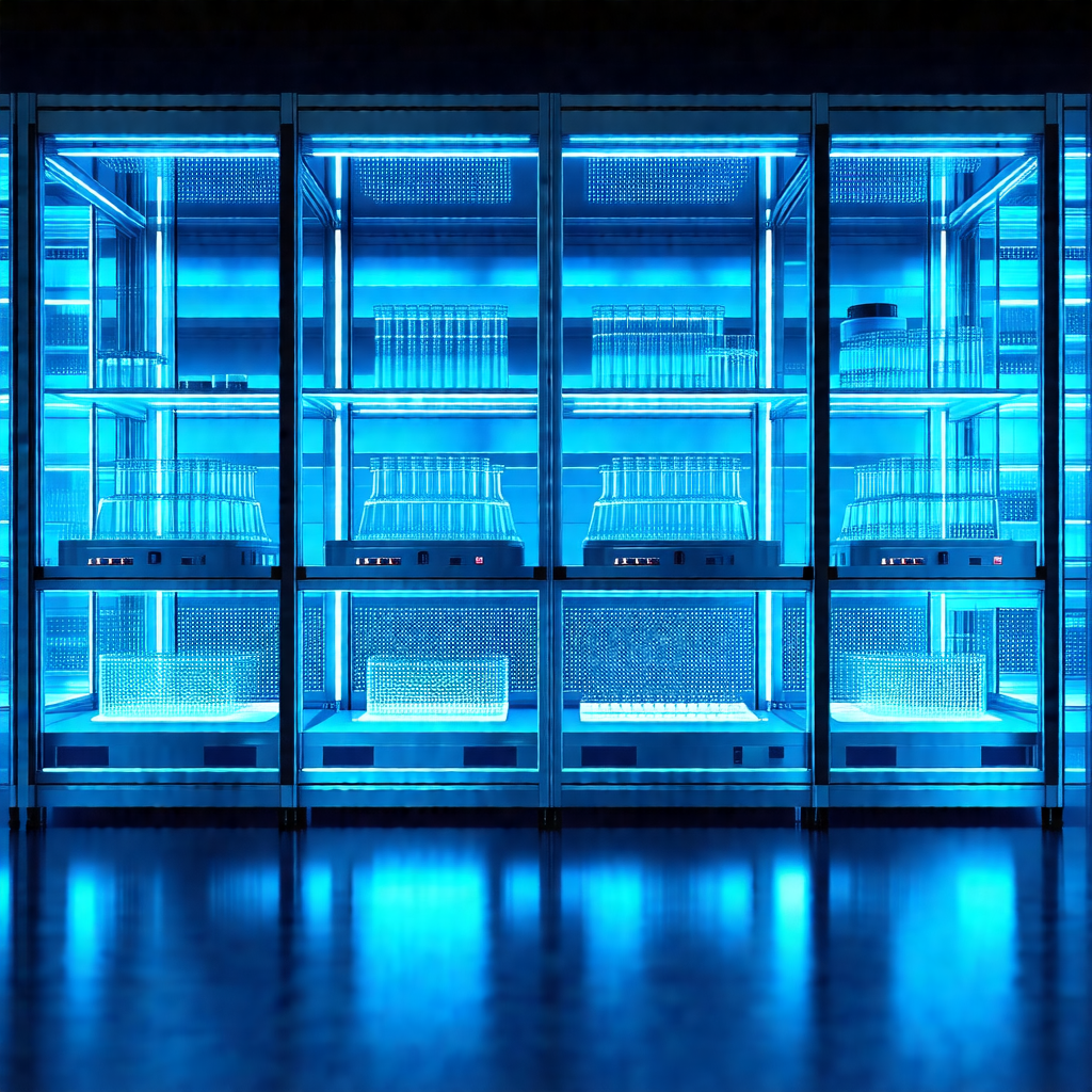 Large blue display case filled with various items