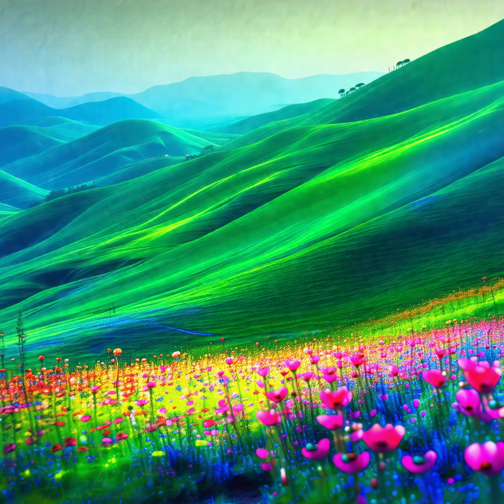 Beautiful, lush green hillside with a vibrant, colorful f...