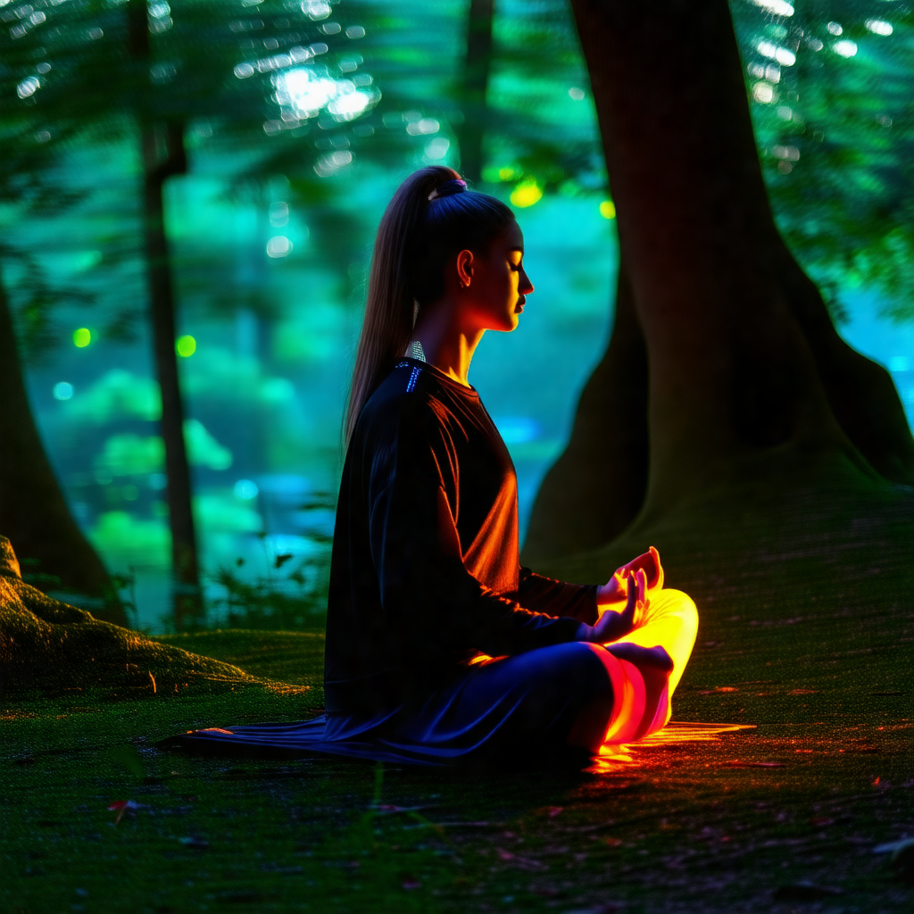 Woman sitting on the ground in a forest, surrounded by trees