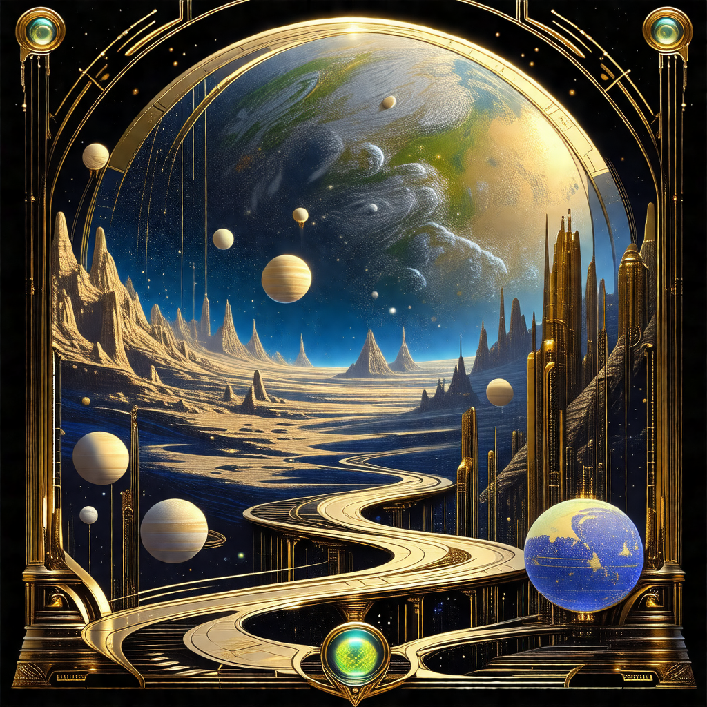 Painting of a futuristic cityscape, featuring a large, cu...