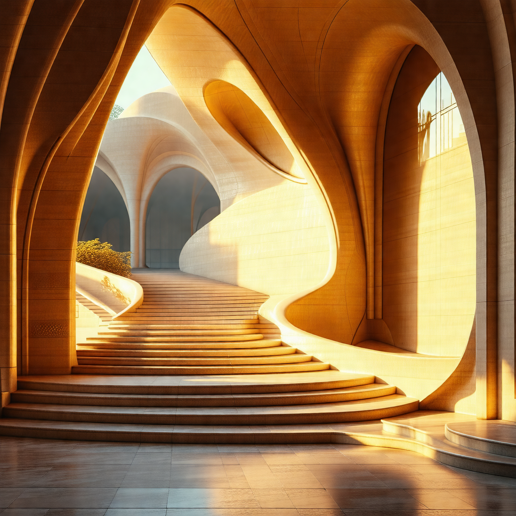 Large, curved staircase with a wooden railing
