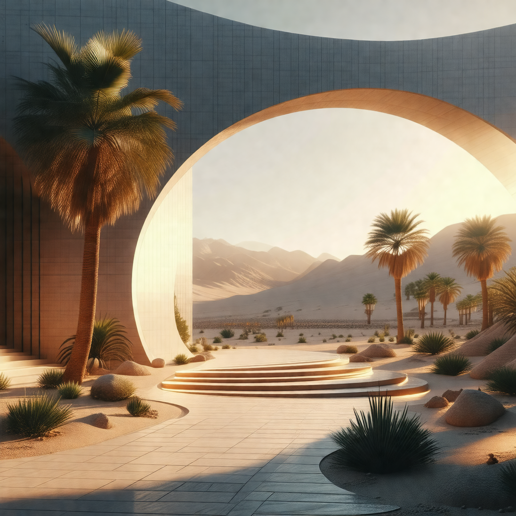 Desert landscape with a large archway or tunnel in the mi...