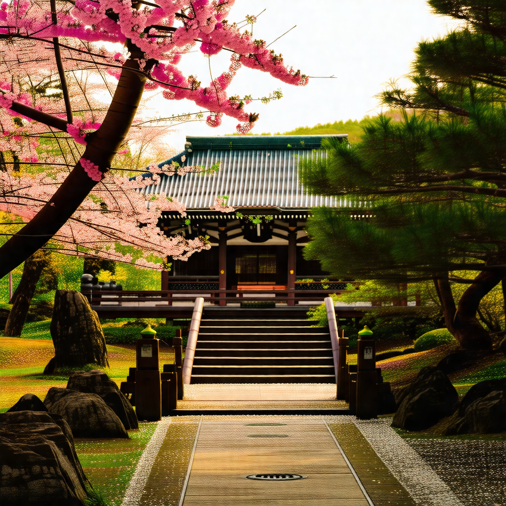 Beautiful japanese garden with a pagoda-style building in...