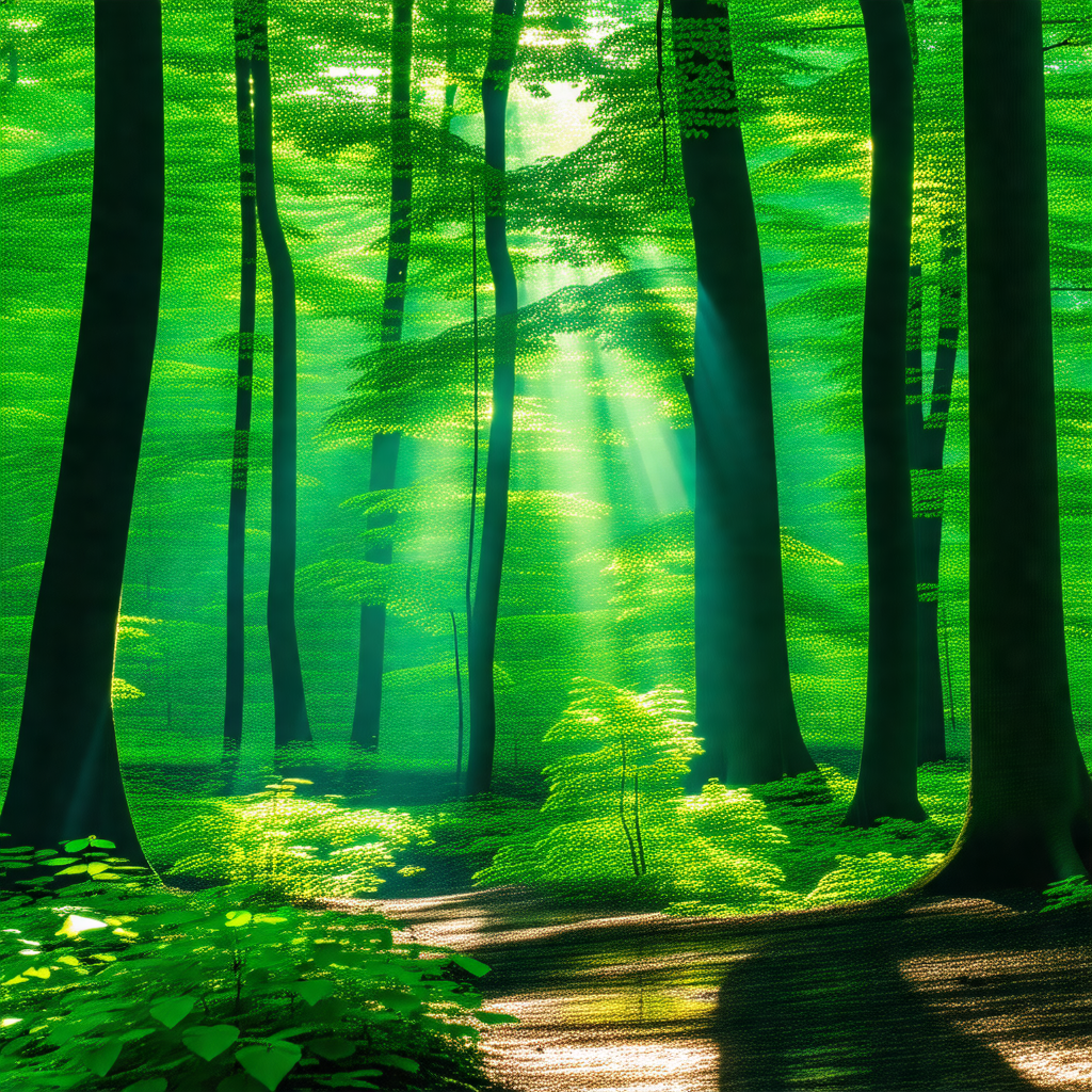 Lush green forest filled with trees and sunlight