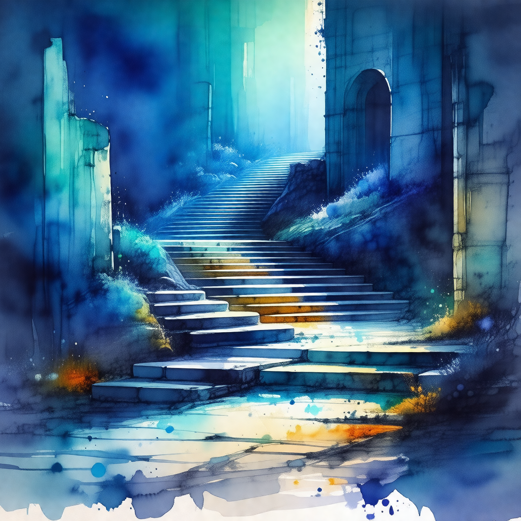 Painting of a staircase with a blue background