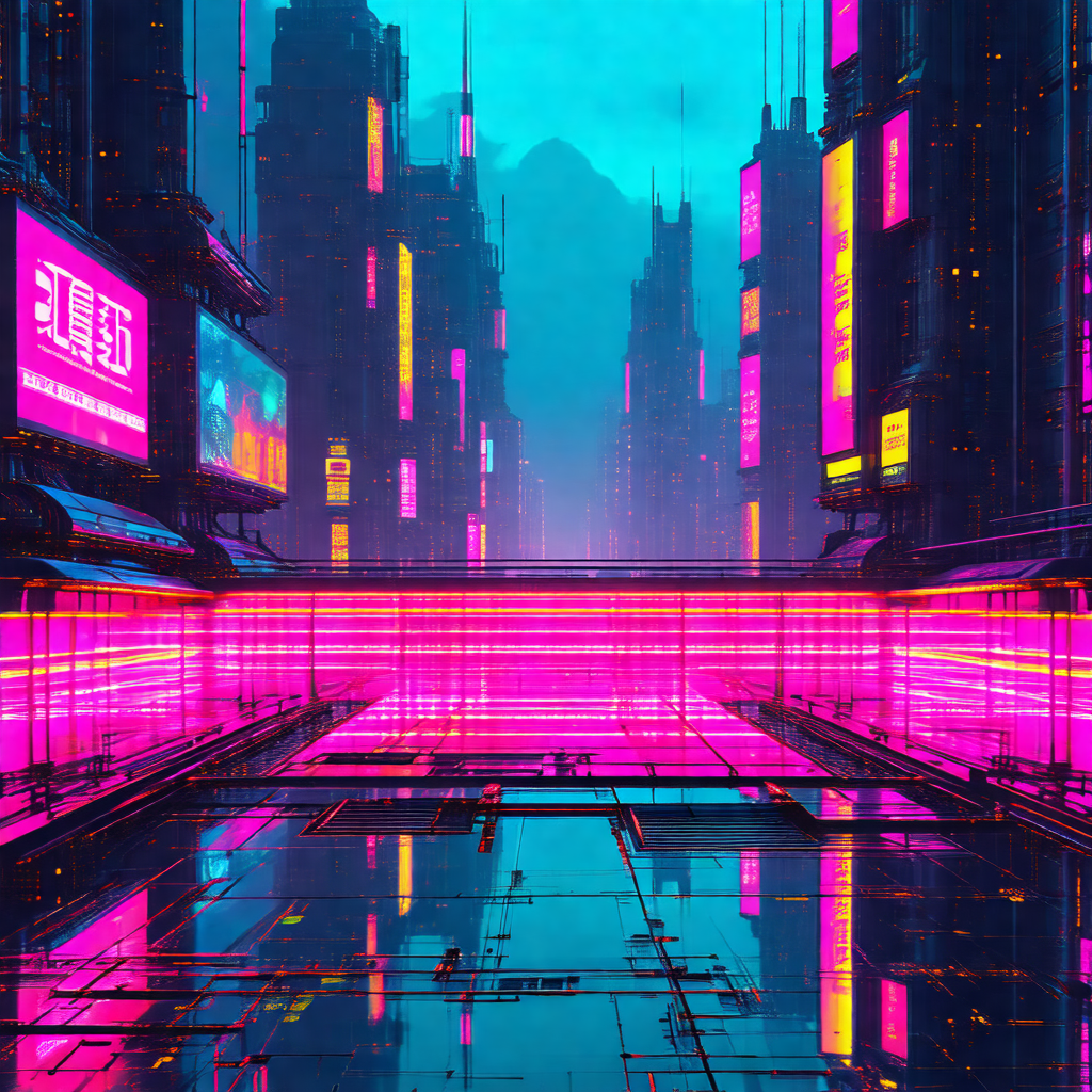 Futuristic cityscape with a large, brightly lit building ...