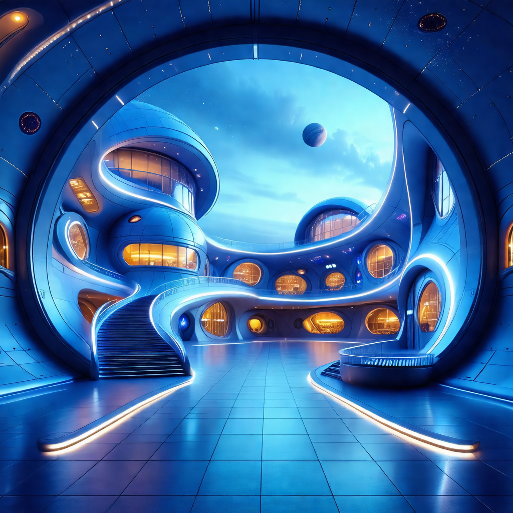 Futuristic, blue-toned painting of a large, curved buildi...