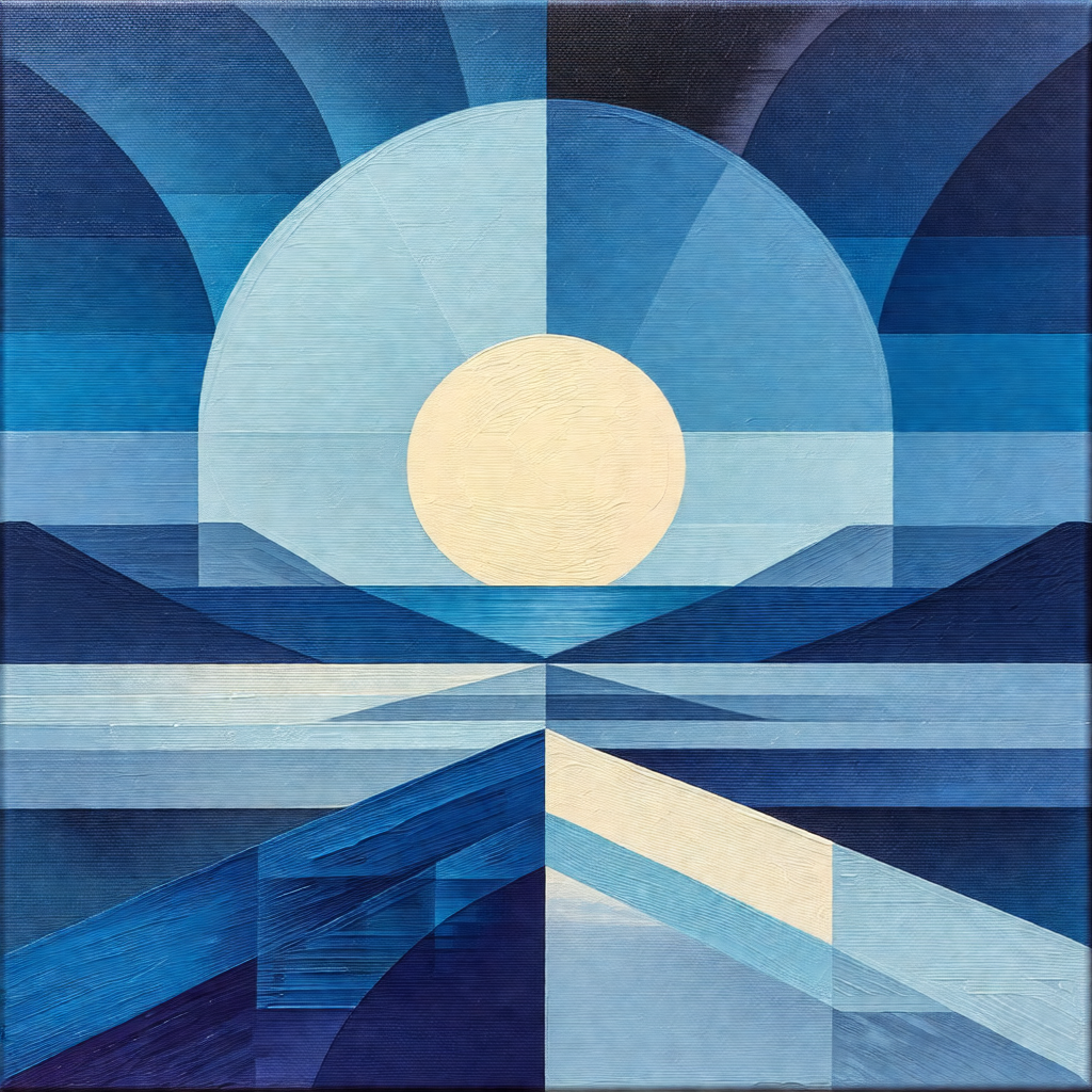 Large, blue and white painting of a sunset over the ocean