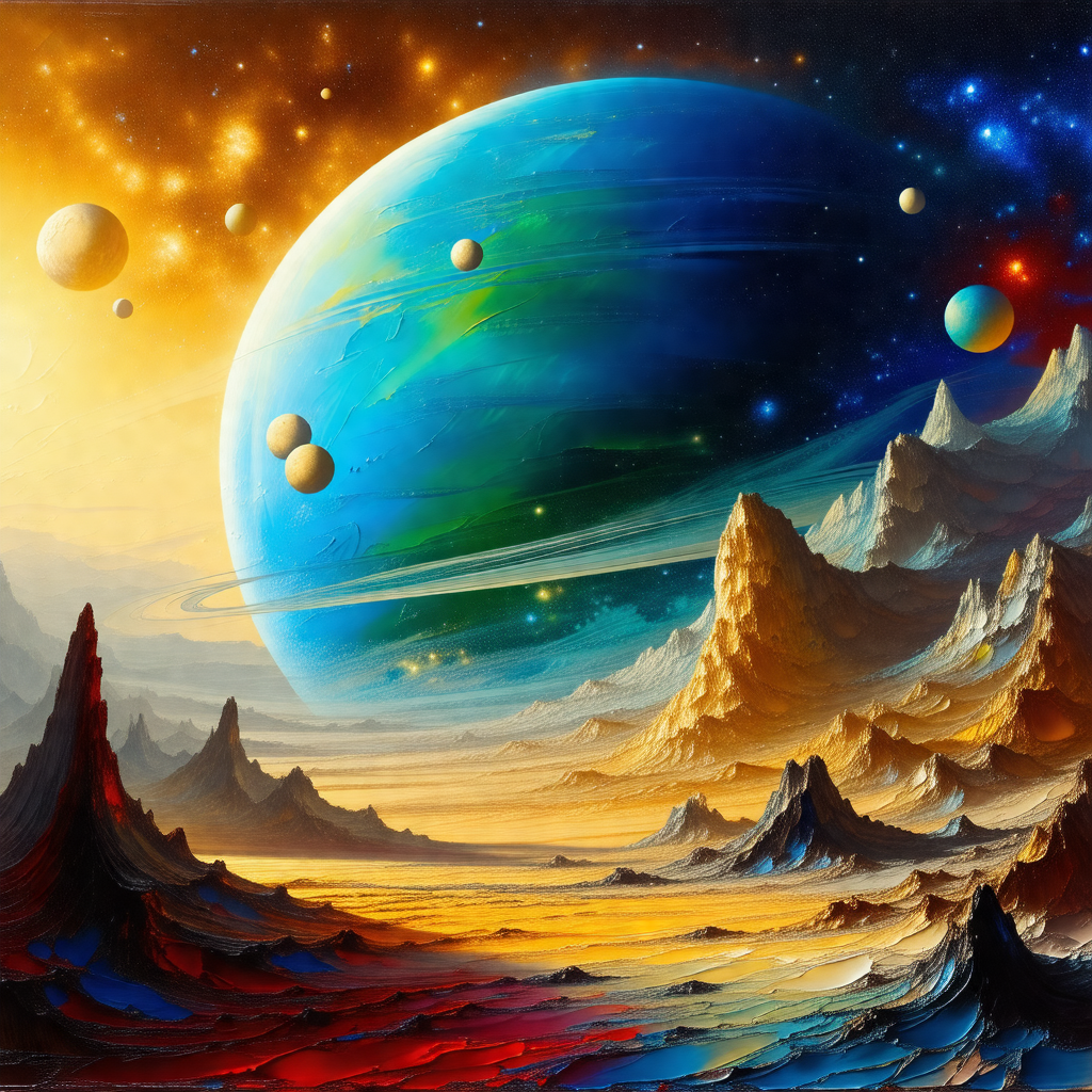 Colorful and detailed painting of a planet with a blue an...
