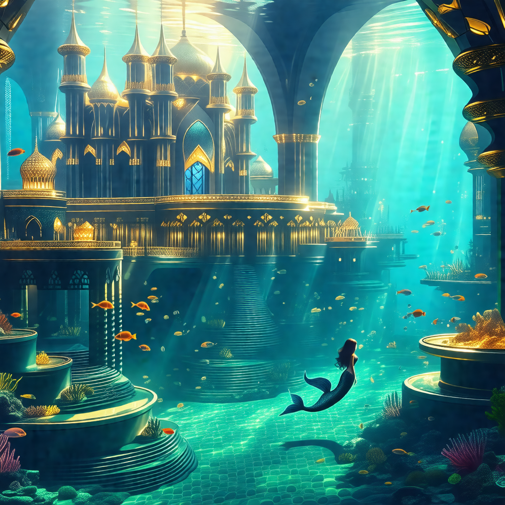 Beautifully drawn underwater scene featuring a mermaid si...