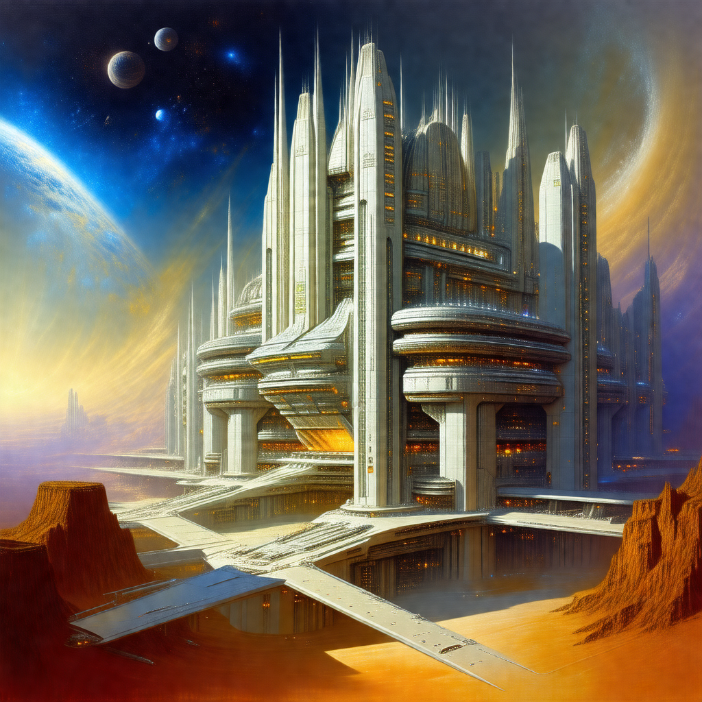 Futuristic city with a large, white, and tall building in...