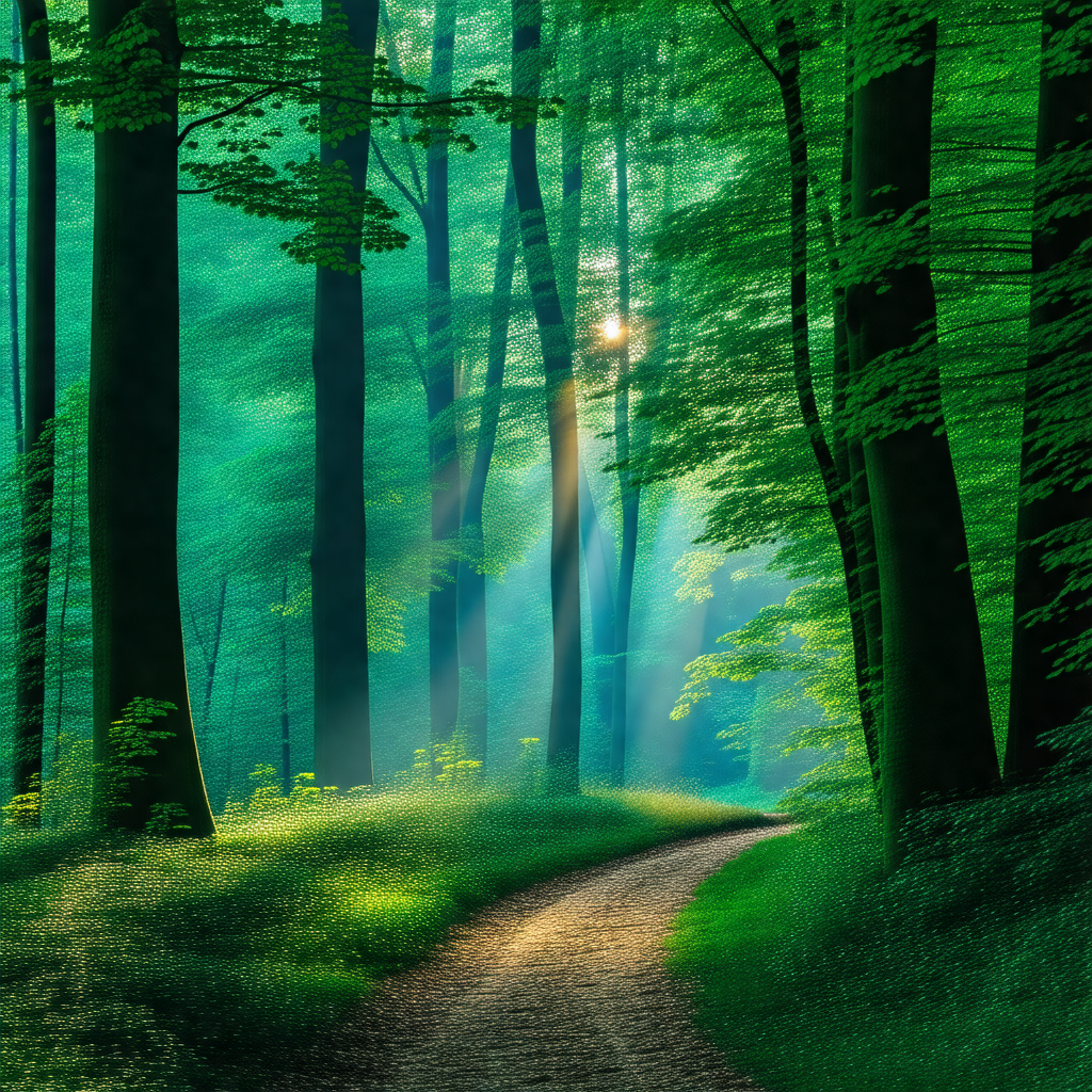 Serene forest scene with a dirt road running through it