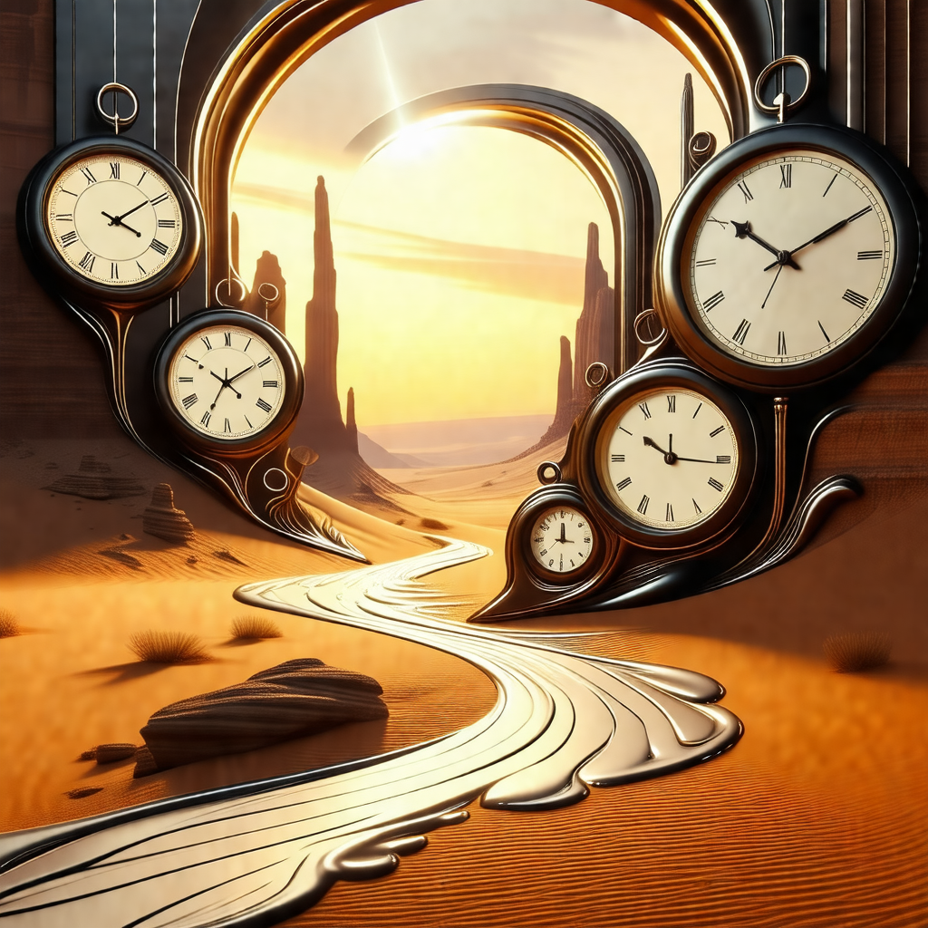 Desert landscape with a clock tower in the middle