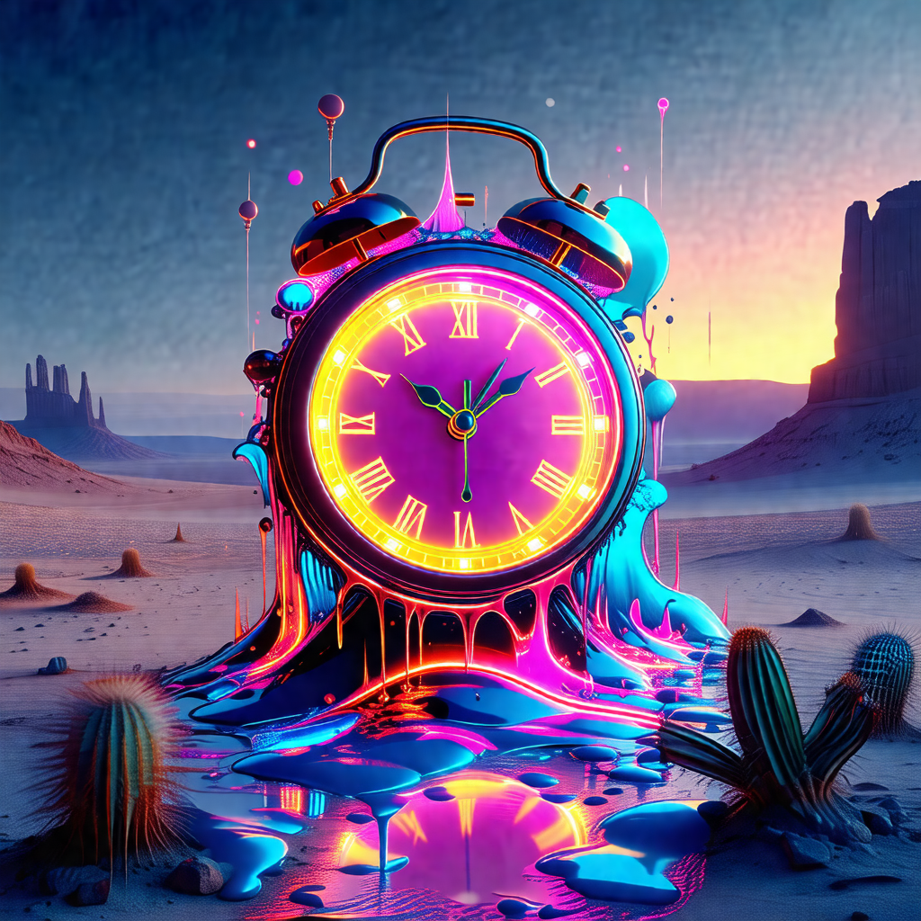 Large, colorful clock with a purple and blue design, sitt...