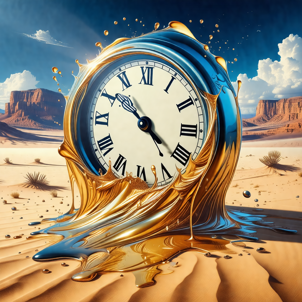 Large, golden clock with roman numerals, placed in a dese...