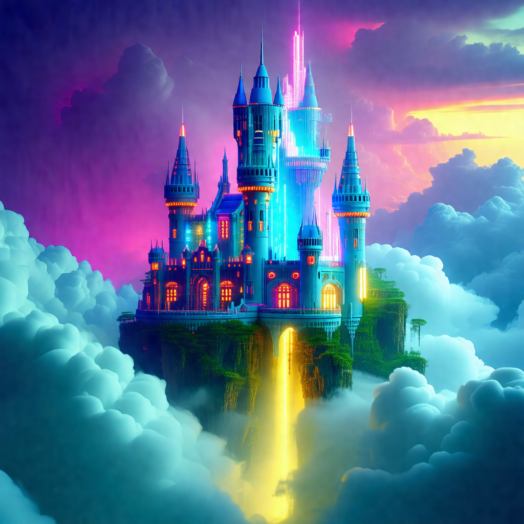 Large, colorful castle with a purple and blue color scheme