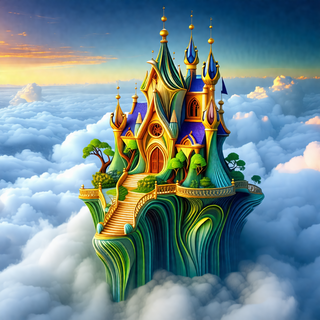 Large, colorful castle floating high in the sky