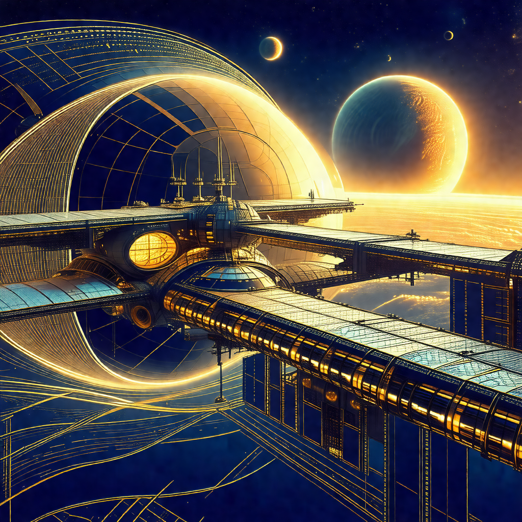 Futuristic space station with a large dome-shaped structu...