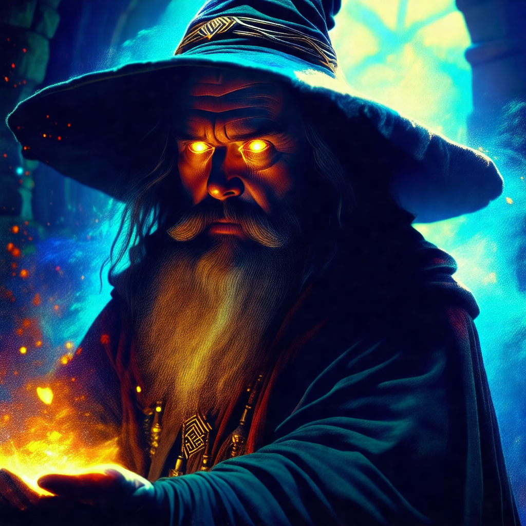 Wizard with a long beard and a pointy hat, standing in a ...