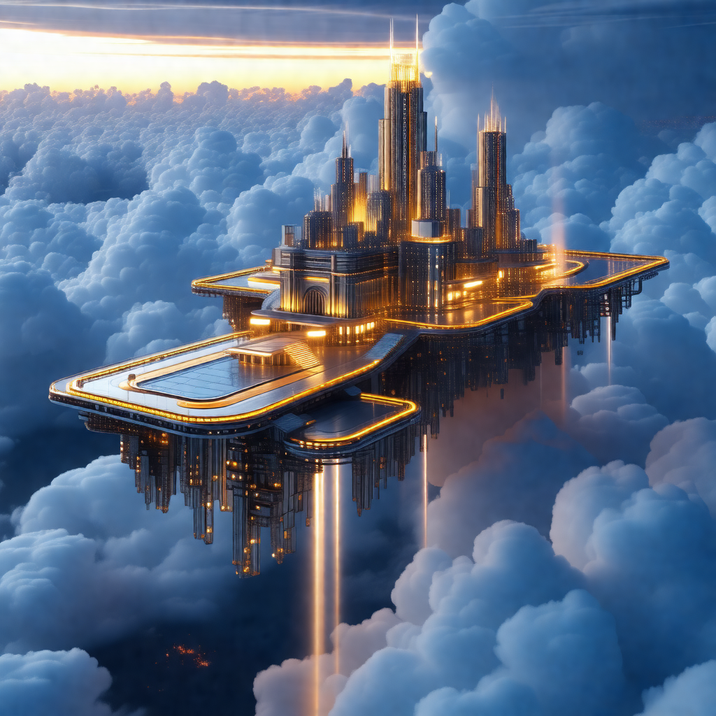 Futuristic city floating in the sky, surrounded by clouds