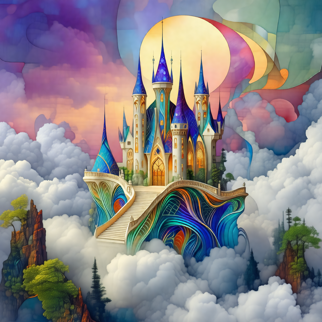 Large, colorful castle floating in the sky