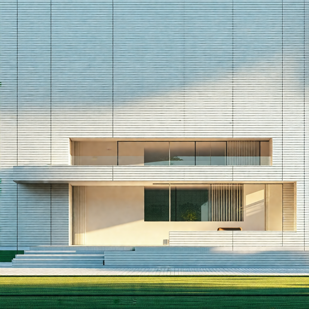 Large, modern white building with a large window
