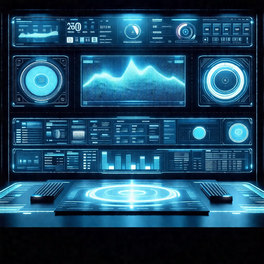Futuristic computer setup with a large screen and multipl...