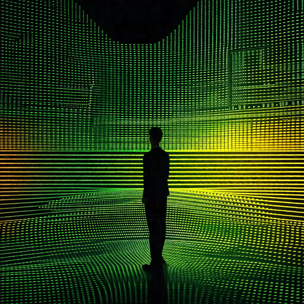 Man standing in a room with a green and yellow light display