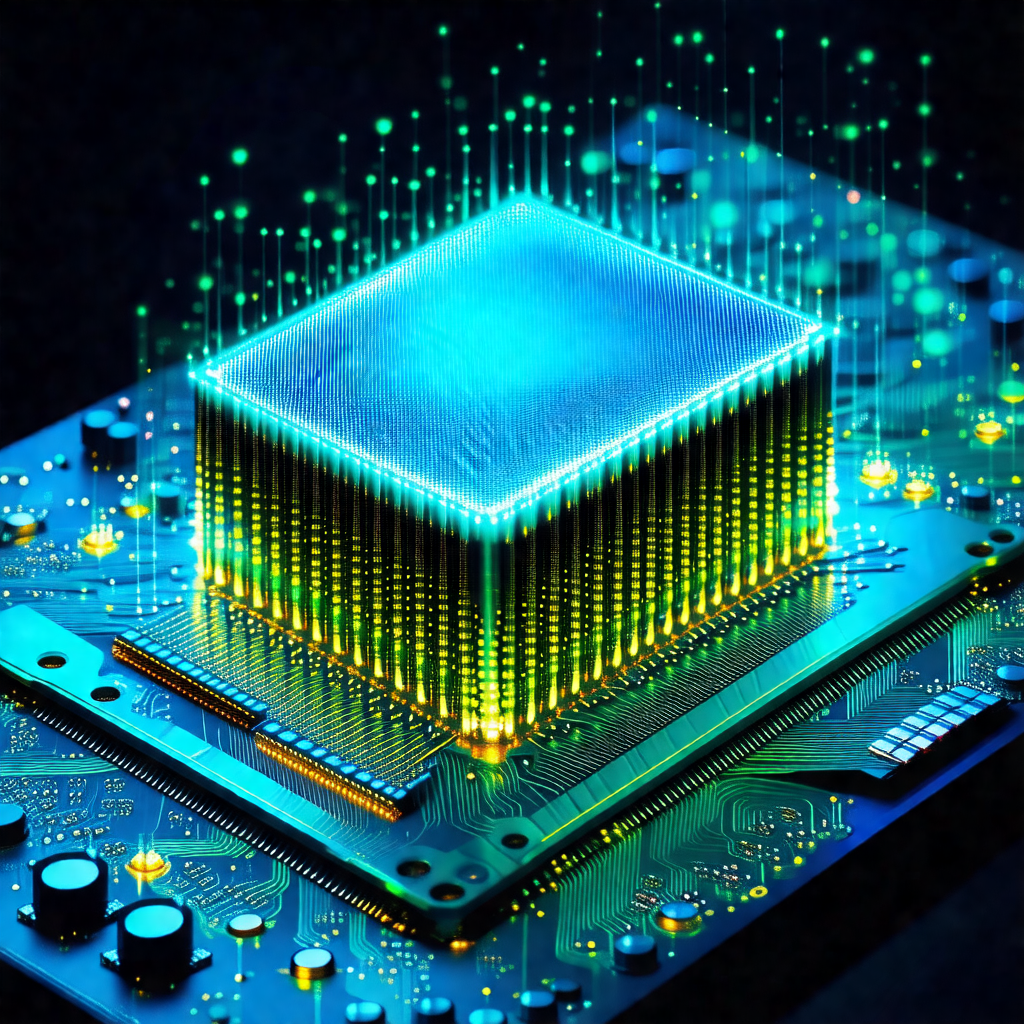 Close-up of a computer chip with a blue glow surrounding it