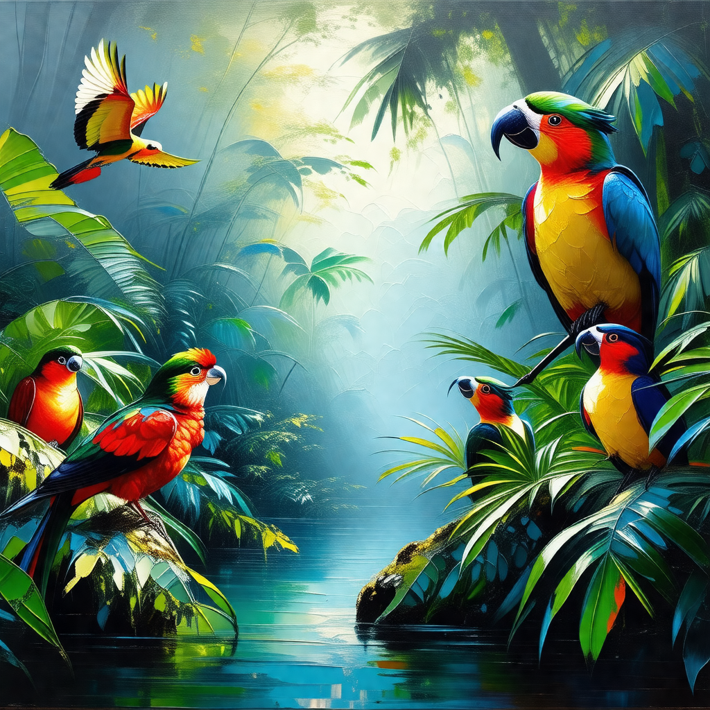 Lush green forest with a group of colorful birds perched ...
