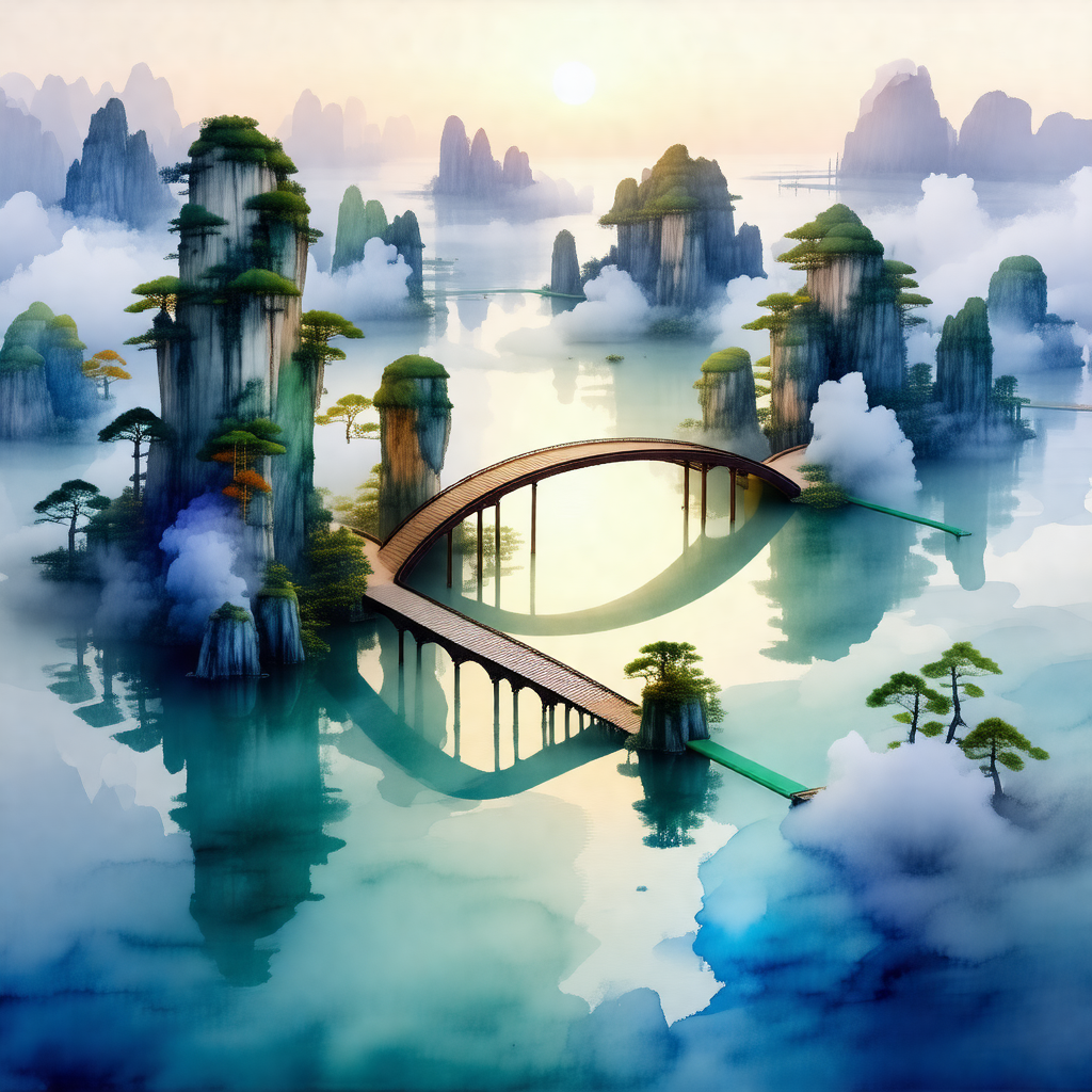 Painting of a bridge that is suspended over a body of water