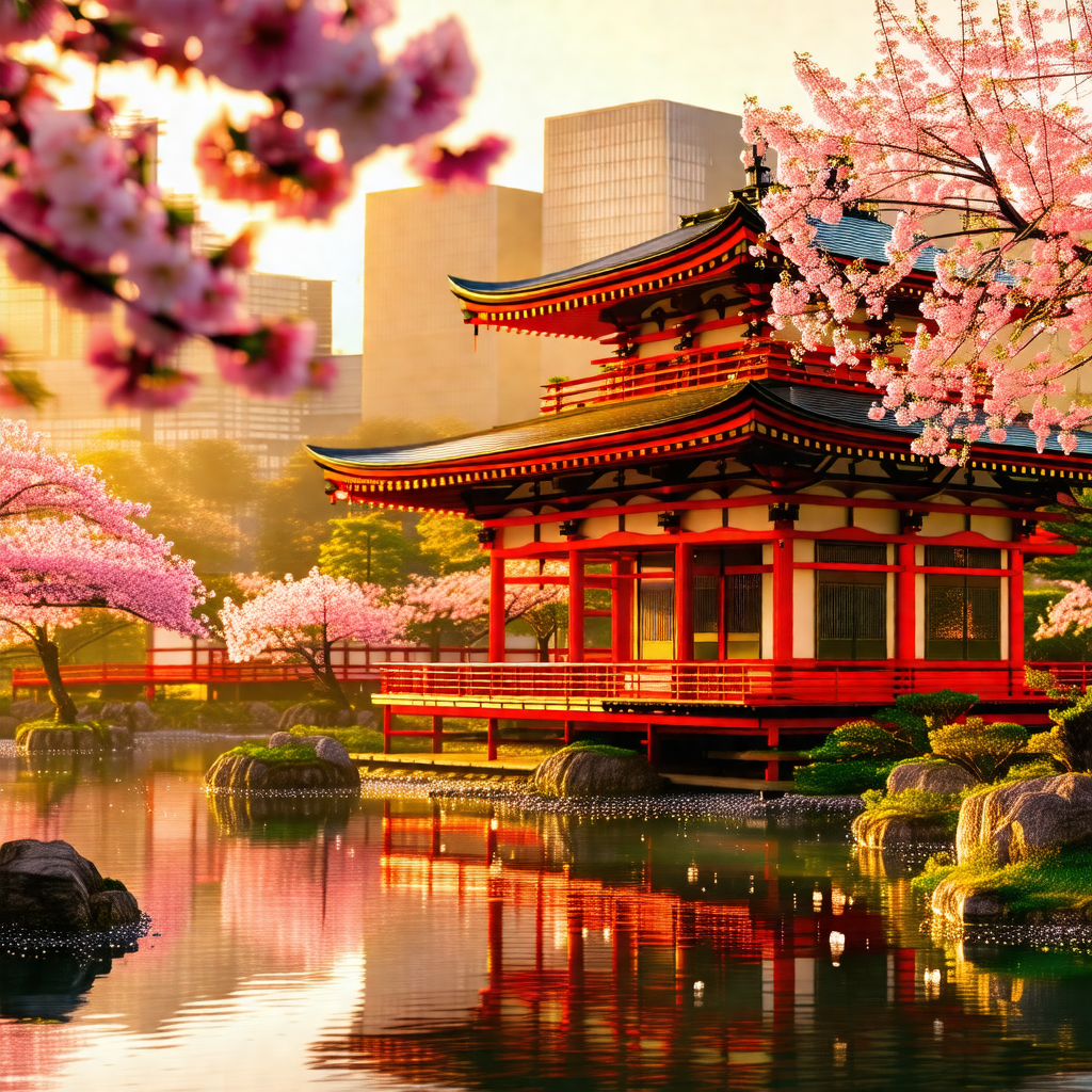 Beautiful red and white pagoda, surrounded by a serene pond