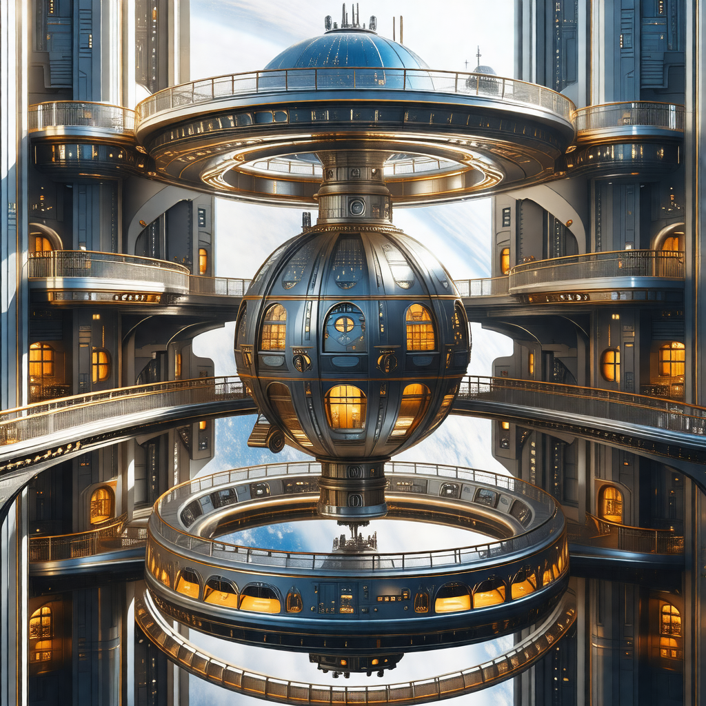 Futuristic drawing of a large building with a central sphere